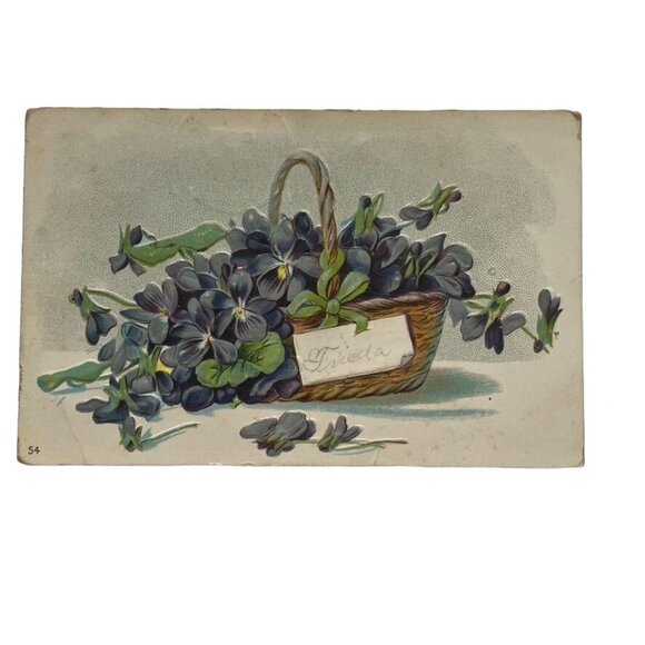 Vintage Embossed Postcard With Basket Of Violets Design  1 Cent US Stamp u - Picture 1 of 2
